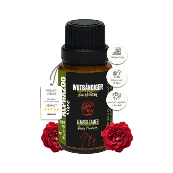 Flasche mit 'Temper Tamer' Bachblütenmittel für Hunde und Katzen, beschriftet 'Wutbändiger' mit Entspannungseffekten, mit einem Rosendesign.