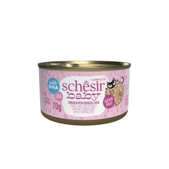 Schesir Baby kitten food can, chicken with chicken liver, grain free, 70g, with DHA and added taurine.