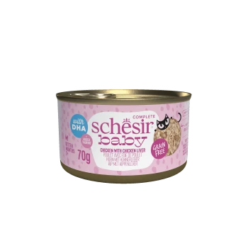 Schesir Baby kitten food can, chicken with chicken liver, grain free, 70g, with DHA and added taurine.