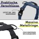 Haustiergeschirr mit einfachen Verschlüssen und großen Metallringen zur Karabinerbefestigung. Text: "Praktische Verschlüsse" und "Massive Metallringe."