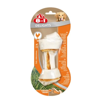 Os à mâcher pour chien avec du poulet enroulé, étiqueté "8 en 1 Delights," adapté aux chiens de taille moyenne, 124g, avec un texte en plusieurs langues.
