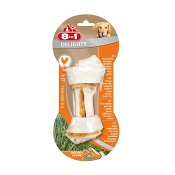 Kauwdogbeen met omhulde kip, gelabeld '8 in 1 Delights', geschikt voor middelgrote honden, 124g, met tekst in meerdere talen.