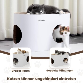 Weißes ovales Katzenhaus und Kratzplatz mit rundem Eingang, gewellter Oberseite und 'PetRhein'-Logo