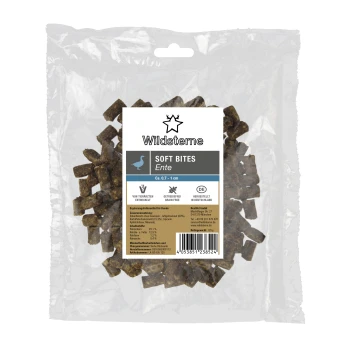 Soft Bites 6x125g Ente Transparente Tüte Wildsterne Soft Bites Ente Hundeleckerlis, braune mundgerechte Stücke, Vorderetikett und Barcode sichtbar.