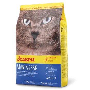 Josera Marinese Katzenfutterbeutel mit einem Nahaufnahme des Gesichts einer Katze, beschriftet mit 'Getreidefrei' und 'Hypoallergen', mit Nährwertangaben.
