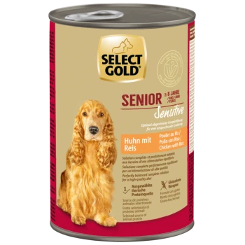 Select Gold Senior Sensitive Hundefutterdose, Huhn mit Reisgeschmack, glutenfrei, für Hunde ab 8 Jahren.