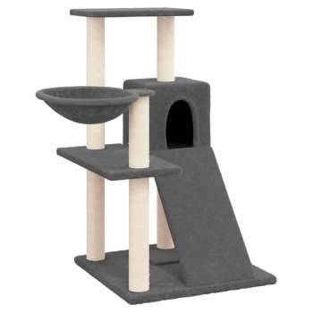 Grauer Katzenbaum mit zwei Plattformen, einer gemütlichen Schüssel, einer versteckten Höhle und einer Rampe zum Klettern. Ideal für Katzen zum Spielen und Ausruhen.