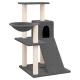 Grauer Katzenbaum mit zwei Plattformen, einer gemütlichen Schüssel, einer versteckten Höhle und einer Rampe zum Klettern. Ideal für Katzen zum Spielen und Ausruhen.