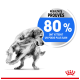 Un golden retriever joueur en noir et blanc, avec un cercle bleu indiquant "80% ont atteint un poids plus sain" et "Résultats prouvés."