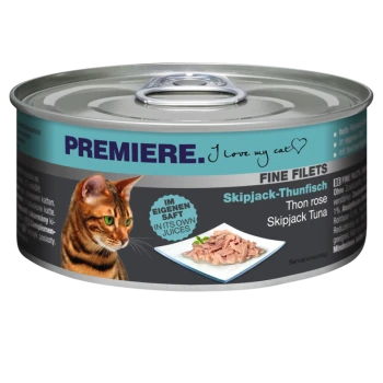 Eine Dose PREMIERE Katzenfutter mit einer braunen getigerten Katze auf dem Etikett, beschriftet mit "Feine Filets Skipjack-Thunfisch" und dem Text "in eigenem Saft."