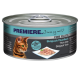Une boîte de nourriture pour chat PREMIERE avec un chat tigré brun sur l'étiquette, étiquetée "Fine Filets Skipjack-Thunfisch" avec le texte "dans ses propres jus."