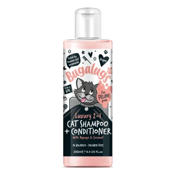 Flasche Bugalugs Luxury 2-in-1 Katzen-Shampoo und Conditioner mit Papaya und Kokos, vegan und parabenfrei.