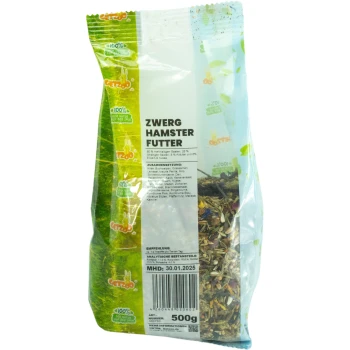 Zwerghamsterfutter 500g 500g Beutel "Zwerg Hamster Futter" Haustierfutter, das eine bunte Mischung aus Samen und Kräutern mit deutschen Nährwertinformationen zeigt.
