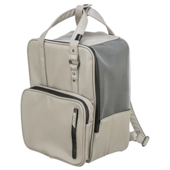 Stylischer beiger Haustiertrage-Rucksack mit einem Netzseitenteil, einer vorderen Reißverschlusstasche und verstellbaren Riemen für einfachen Transport.