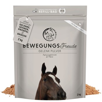 2 kg Nachfüllbeutel von "BEWEGUNGSFreude Gelenk Pulver" für Pferde, mit einem Pferdekopf und einem Etikett, das die Gelenkunterstützung hervorhebt.