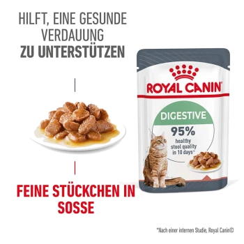 Royal Canin Digestive Katzenfutterbeutel mit einem Teller zarter Stücke in Sauce, fördert eine gesunde Verdauung und 95% Stuhlqualität in 10 Tagen.
