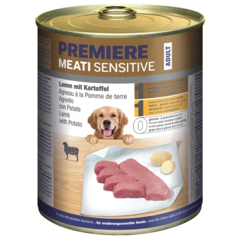 Dosenfutter für Hunde mit der Aufschrift "Premiere Meati Sensitive", das Lamm und Kartoffeln enthält. Zutaten umfassen frisches Fleisch und Kartoffelscheiben auf einer Holzoberfläche.