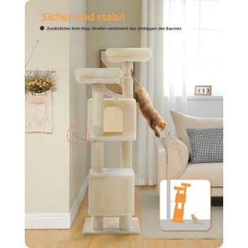Zwei Katzen auf einem beigen, plüschigen Kratzbaum mit 34 cm großen quadratischen Plattformen, Text „Doppelter Komfort, hoch resiliente Baumwollfüllung: plüschig, weich und voll.“