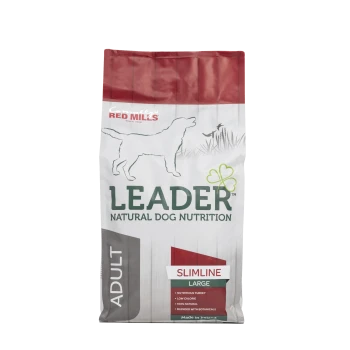 A bag of Leader Natural Dog Nutrition "Slimline Large" dog food with a dog silhouette and labels for "Nutritious Turkey" and "Low Calorie."
