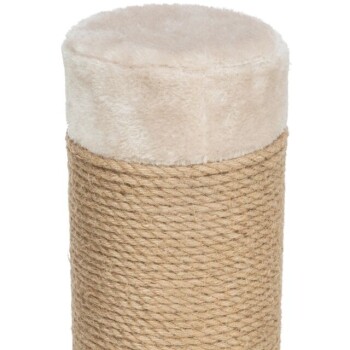 Ein hoher Katzenkratzbaum mit einem plüschigen oberen Teil und einem mit Naturseil umwickelten Sockel, ideal zum Kratzen und Klettern für Katzen.