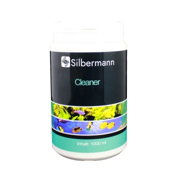 Silbermann Cleaner Behälter, 1000 ml, mit bunten aquatischen Bildern von Fischen und Pflanzen auf dem Etikett.