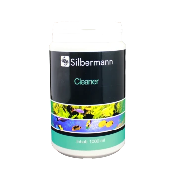 Silbermann Cleaner Behälter, 1000 ml, mit bunten aquatischen Bildern von Fischen und Pflanzen auf dem Etikett.