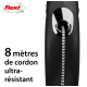 Laisse de chien rétractable noire avec un cordon durable de 8 mètres, présentant le logo "flexi" et le texte indiquant "8 mètres de cordon ultra-résistant."