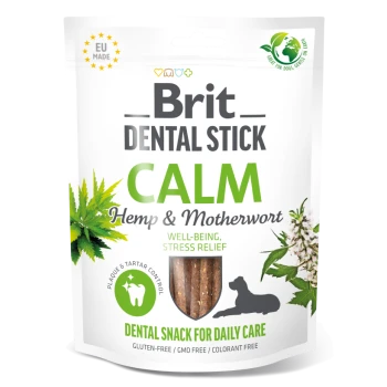 Brit Dental Stick CALM konopie i waleriana, psia przekąska dentystyczna w torebce, napis „Well-being, Stress Relief.”