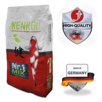 Kenkou Koi-Futterbeutel mit einem roten und weißen Koi-Fischdesign, beschriftet mit "Nr.1 MIX" und "HOCHWERTIG", hergestellt in Deutschland.