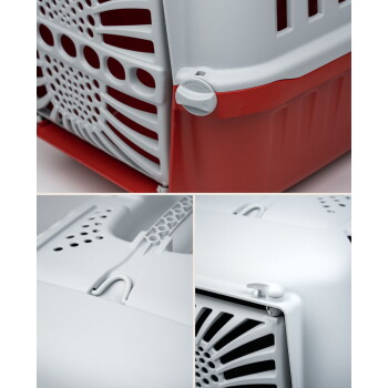 Detailcollage einer rot-weißen Transportbox für Haustiere, die Lüftungsgitter, Verriegelungsknöpfe und Schlosssymbole zeigt.