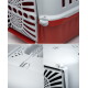 Detailcollage einer rot-weißen Transportbox für Haustiere, die Lüftungsgitter, Verriegelungsknöpfe und Schlosssymbole zeigt.