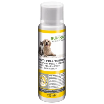 Flasche von Petbalance Support Haar- & Hautserum für Haustiere, mit einem Hund und einer Katze auf dem Etikett, 125 ml, mit Text in Deutsch und Englisch.