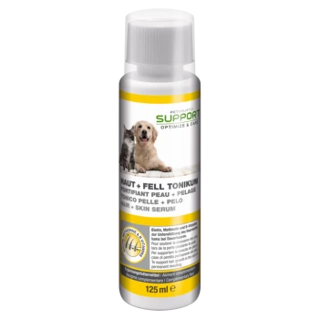 Bottle of Petbalance Support Hair & Skin Serum for pets, featuring a dog and cat on the label, 125 ml, with text in German and English.