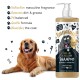 Golden Retriever neben Bugalugs "One in a Million Shampoo", das seinen maskulinen Duft und die sanfte, nährende Formel präsentiert.