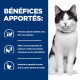 Chat noir et blanc assis à côté d'un panneau bleu portant l'inscription « BÉNÉFICES APPORTÉS : » avec texte en français sur la perte de poids et le soutien des articulations