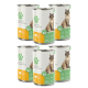 Sechs Dosen Fellicita Katzenfutter, jeweils mit Foto einer sitzenden Katze, grünem Pfotenlogo und orange/grünen Etiketten mit 'Fellicita' und einem Hühner‑Symbol.