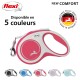 Laisse pour chien flexible rose étiquetée "NEW COMFORT," disponible en 5 couleurs, avec un logo et une silhouette d'un chien courant.