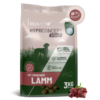 REAVET Hypoconcept Adult Hundefutterbeutel — 'Mit frischem Lamm', 3 kg; Hundesilhouette, Kroketten und rohes Lamm, Single-Protein, weizenfrei.