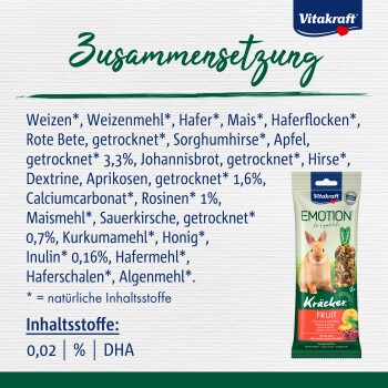 Vitakraft Emotion Kräcker Fruit Verpackung mit einem Hasen, mit Zutatenliste, die Weizen, Hafer, Trockenfrüchte und Nährwertangaben enthält.