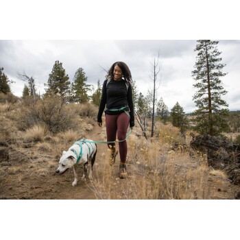 Eine Frau in einem schwarzen Langarmshirt und burgunderfarbenen Leggings führt einen weißen Hund an der Leine auf einem trockenen, grasbewachsenen Weg, umgeben von Bäumen.