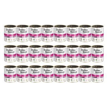 Ekspozycja 24 puszek karmy dla psów Dolina Noteci Premium, oznaczonej "Indyk", z ikonami naturalnych składników i korzyści odżywczych.