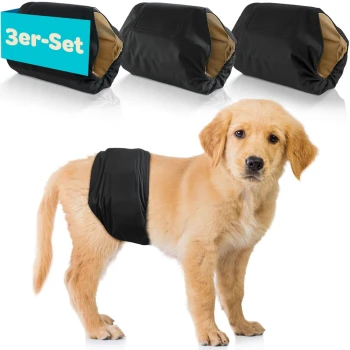Ein Golden Retriever, der eine blaue Haustierwindel trägt, mit zwei zusätzlichen Windeln in Grün und Schwarz, die dahinter angezeigt werden. Text lautet '3er-Set.'