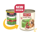 Zwei Dosen Animonda GranCarno Hundefutter mit Rind und Entenherzen, zeigen altes und neues Design mit einem "NEUES DESIGN"-Label.