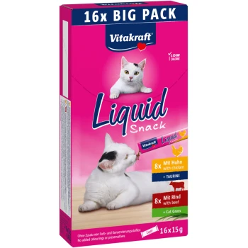 Liquid Snack Multipack mit Huhn und Rind 16x15 g Vitakraft Liquid Snack dla kotów, opakowanie 16x15g, z dwoma smakami: kurczak z tauryną i wołowina z trawą dla kotów, na różowym tle.