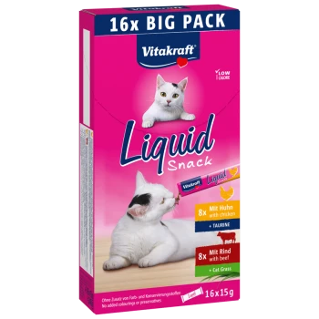 Vitakraft Flüssigsnack für Katzen, 16x15g Packung, mit zwei Geschmacksrichtungen: Huhn mit Taurin und Rind mit Katzenminze, auf einem rosa Hintergrund.