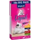 Vitakraft Liquid Snack pour chats, pack de 16x15g, présentant deux saveurs : poulet avec taurine et bœuf avec herbe à chat, sur un fond rose.