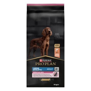 Large Athletic Adult Sensitive Skin 14 kg Purina Pro Plan Hundefutterbeutel für große athletische erwachsene Hunde, 14 kg, mit einem braunen Hund auf der Vorderseite, beschriftet mit 'High Protein' und 'Sensitive Skin.'