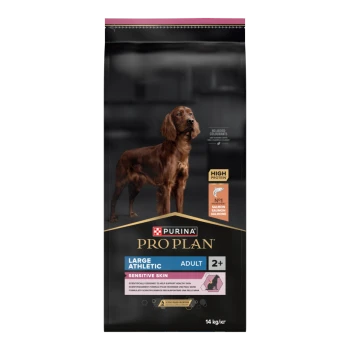 Purina Pro Plan Hundefutterbeutel für große athletische erwachsene Hunde, 14 kg, mit einem braunen Hund auf der Vorderseite, beschriftet mit 'High Protein' und 'Sensitive Skin.'