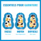Trois moules à friandises bleus en forme d'os avec yaourt et croquettes, texte visible : ESSENTIELS POUR GARNITURE, FACILE MOYEN DIFFICILE.