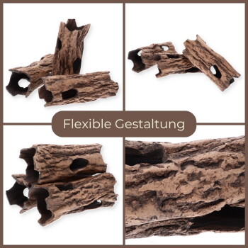 Collage flexibler, künstlicher Rinden-Tunneldekorationen für Aquarien/Terrarien, zeigt Einzelteile und Struktur; Text 'Flexible Gestaltung'.